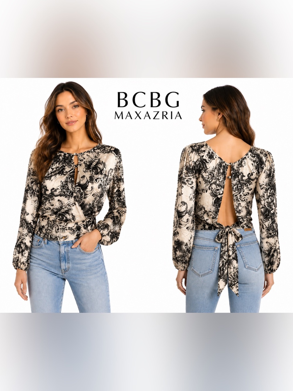 BCBGMAXAZRIA 100% Silk Blouse Women’s XS Baroque Print Open Back Tie Waist Top